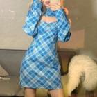 Spaghetti Strap Plaid Mini Bodycon Dress / Long-sleeve Shrug