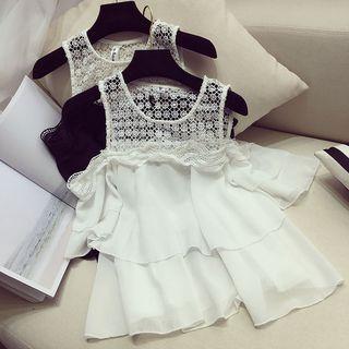 Lace Panel Cold Shoulder Chiffon Blouse