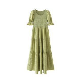Short-sleeve Tiered Midi Smock Dress