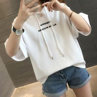 Elbow-sleeve Hooded Lettering T-shirt