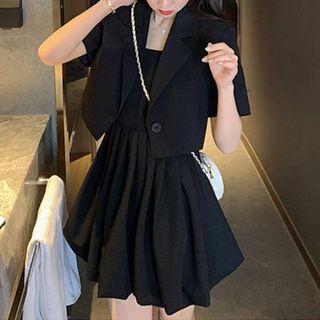 Short-sleeve Cropped Blazer / Spaghetti Strap Mini A-line Dress / Set