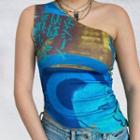 One Shoulder Printed Mesh Top