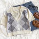 Short-sleeve V-neck Plaid Cropped Knit Top Plaid - One Size
