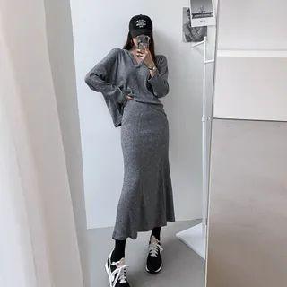 Set: Hooded Ribbed Top + Ribbed Mermaid Maxi Skirt