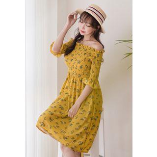 Off-shoulder Floral Print Smocked Midi Dress