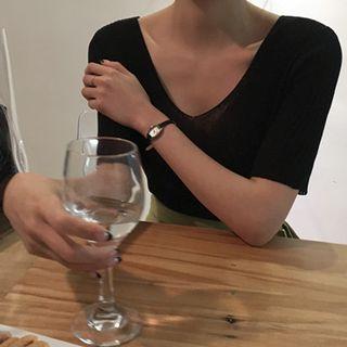 V-neck Short-sleeve Linen Blend Knit Top