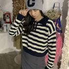 Long Sleeve Striped Cropped Polo Shirt Stripe - One Size