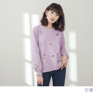 Floral Embroidered Smocked-cuff Top