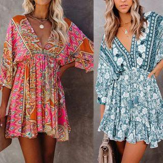 Puff Sleeve Floral Print V-neck A-line Dress