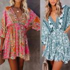 Puff Sleeve Floral Print V-neck A-line Dress