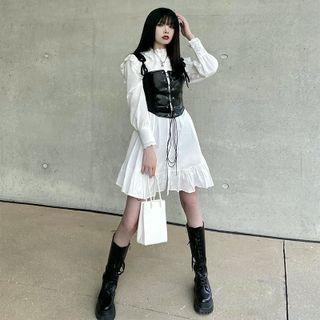 Puff-sleeve Shirred A-line Dress / Lace-up Faux Leather Camisole Top