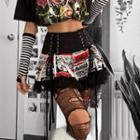 High-waist Printed Lace-up Layered Lace-trim A-line Mini Skirt