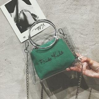 Set: Chain Strap Lettering Transparent Crossbody Bag + Zip Pouch
