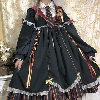 Long-sleeve Striped Panel Lace Up A-line Dress / Brooch / Beret Hat / Tie / Set