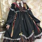 Long-sleeve Striped Panel Lace Up A-line Dress / Brooch / Beret Hat / Tie / Set