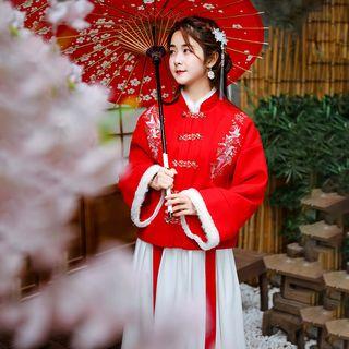 Set: Furry Trim Flower Embroidered Jacket + A-line Midi Skirt