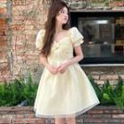 Puff-sleeve Ruffle Trim Panel Mesh Dress