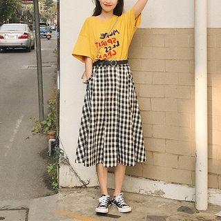 Set : Elbow-sleeve Lettering Printed T-shirt + Plaid A-line Skirt