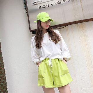 Set: 3/4-sleeve Stitched T-shirt + Band-waist Cuff-hem Shorts