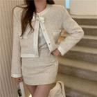 Button Jacket / Long-sleeve Knit Top / Mini Pencil Skirt / Set