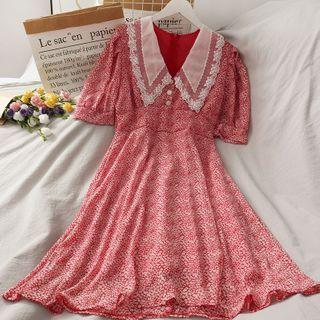 Lace Sailor-collar Floral Midi Dress Red - One Size