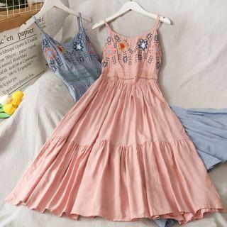 Eyelet-waist Flower-embroidered Sleeveless Midi Dress In 6 Colors