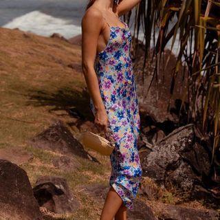 Spaghetti Strap Floral Print Open-back Long Dress