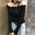 Long-sleeve Off-shoulder Frill Trim Knit Top Black - One Size