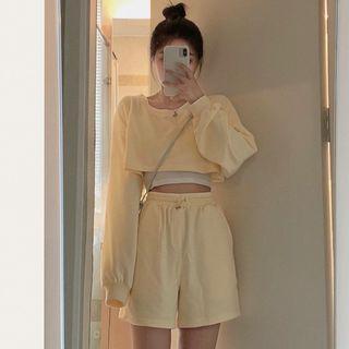 Set: Long-sleeve Plain Crop Sweatshirt + Crop Tank Top + Plain Shorts