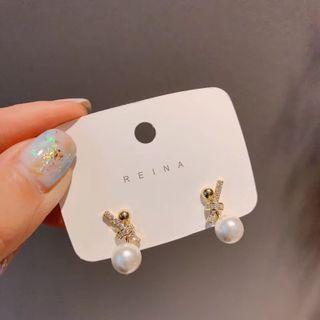 Knot Rhinestone Faux Pearl Dangle Earring 1 Pair - Gold - One Size