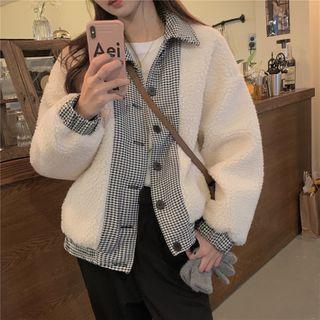 Fleece Plaid Panel Button-up Jacket White - One Size