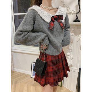Lace Trim V-neck Sweater Gray - One Size