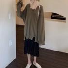Distressed V-neck Sweater / Spaghetti-strap Crinkle Midi Dress