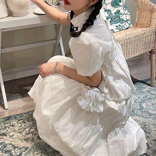 Puff-sleeve Jacquard Blouse / Midi A-line Skirt