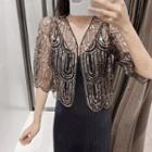 Elbow-sleeve Sequined Open-front Light Jacket