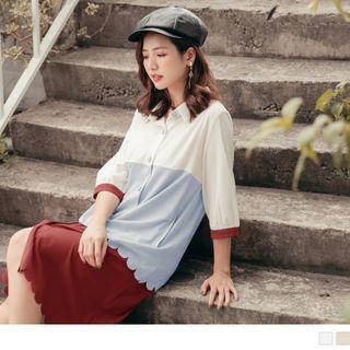 Elbow Sleeve Color Block A-line Shirtdress