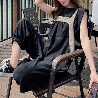 Set : Contrast Trim Wide-leg Jumpsuit + Sleeveless T-shirt