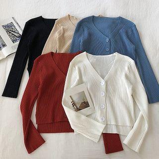 Plain V-neck Single-breasted Rib Knit Long-sleeve Cardigan