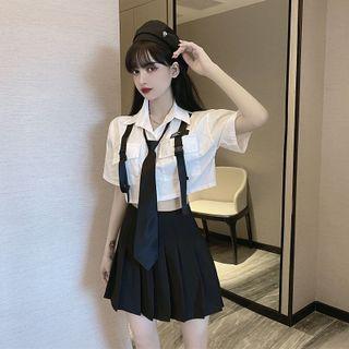 Short-sleeve Buckled Crop Shirt / Tie / Mini Pleated Skirt / Set