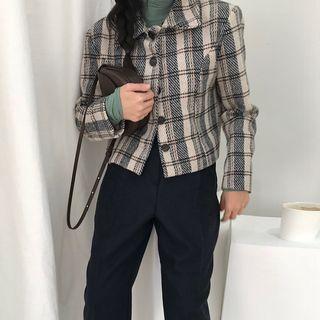 Plaid Buttoned Cropped Jacket / Straight-cut Pants / Mock-turtleneck Long-sleeve T-shirt