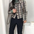 Plaid Buttoned Cropped Jacket / Straight-cut Pants / Mock-turtleneck Long-sleeve T-shirt