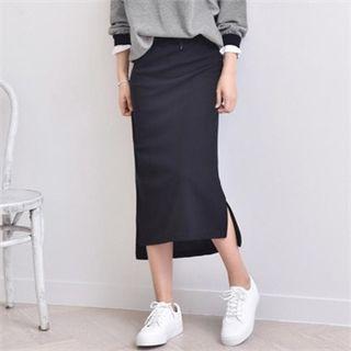 Drawstring-waist Slit-hem Midi Skirt