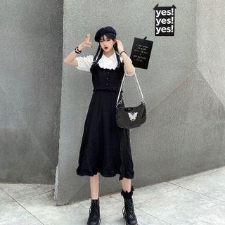 Short-sleeve Shirt / Spaghetti Strap Frill Trim Midi A-line Dress