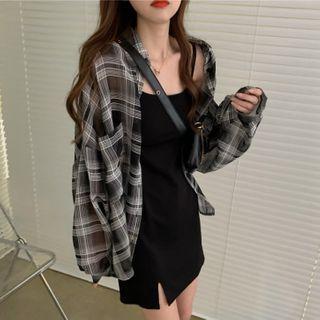 Long-sleeve Plaid Shirt / Spaghetti Strap Mini A-line Dress