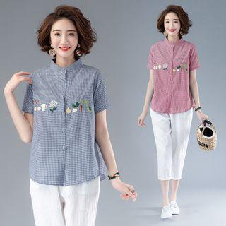 Short-sleeve Mandarin Collar Embroidered Shirt