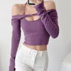 Knit Cropped Halter Top With Long-sleeve Shrug