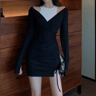 Mock Two-piece Drawstring Long-sleeve Mini T-shirt Dress Black - One Size