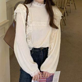 Long-sleeve Mock-neck Lace Trim Blouse Almond - One Size