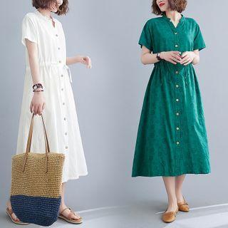 Short-sleeve Drawstring Button-up Midi A-line Dress