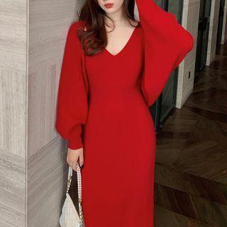 Long-sleeve Knit Shrug / Sleeveless Knit Midi Sheath Dress
